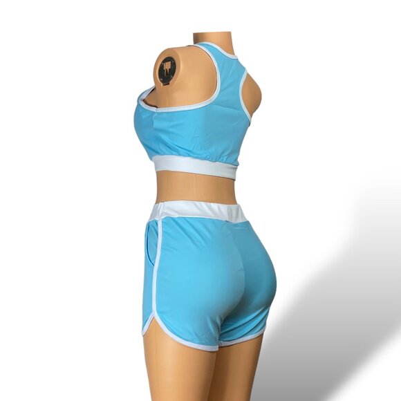 Women Short Sleeve Crop Top & Shorts - Tops with Removable Pads | Light blue - Picture 3 of 5